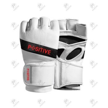 Positive White Leather MMA Pro Style Grappling Gloves
