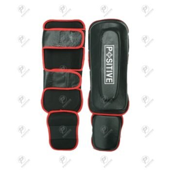 Positive Red & Black Padded Leather Boxing Shin Guards